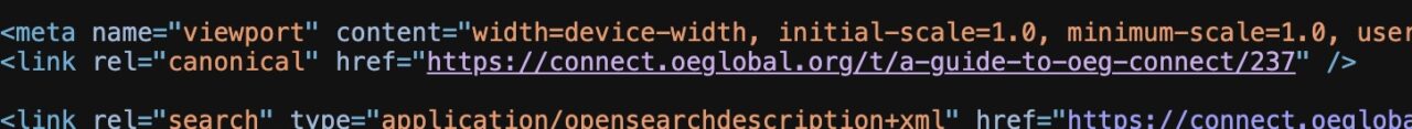 HTML source showing <link rel="canonical" href="https://connect.oeglobal.org/t/a-guide-to-oeg-connect/237" />