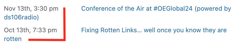 Listing from the WordPress dashboard, showing a gap between blog posts from Oct 13, 7:33pm to Nov 13, 3:30pm.