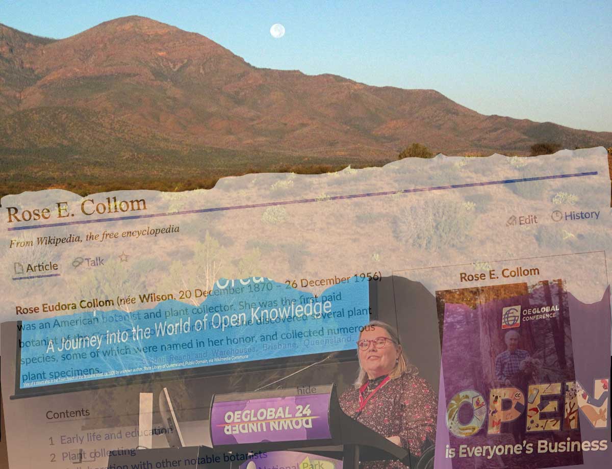 Image of a female presenter at bottom, a bit of a wikpedia page for Rose Collum in the middle, both superimposed ona photo of a rugged Arizona mountain range with desert flora in the middle ground.