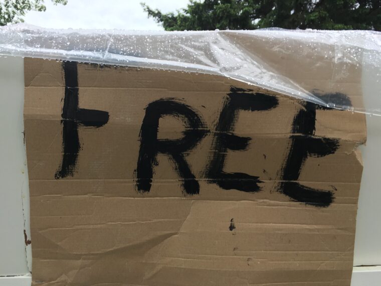 Large erratic thick letters spelling "FREE" on the said of a slightly wet cardboard box