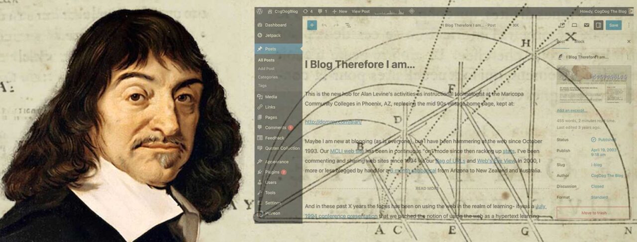 Head on left of a Renaissance man with long hair looking out at screen. On the right, superimosed on a mathematical diagram, is the edting interface of WordPress