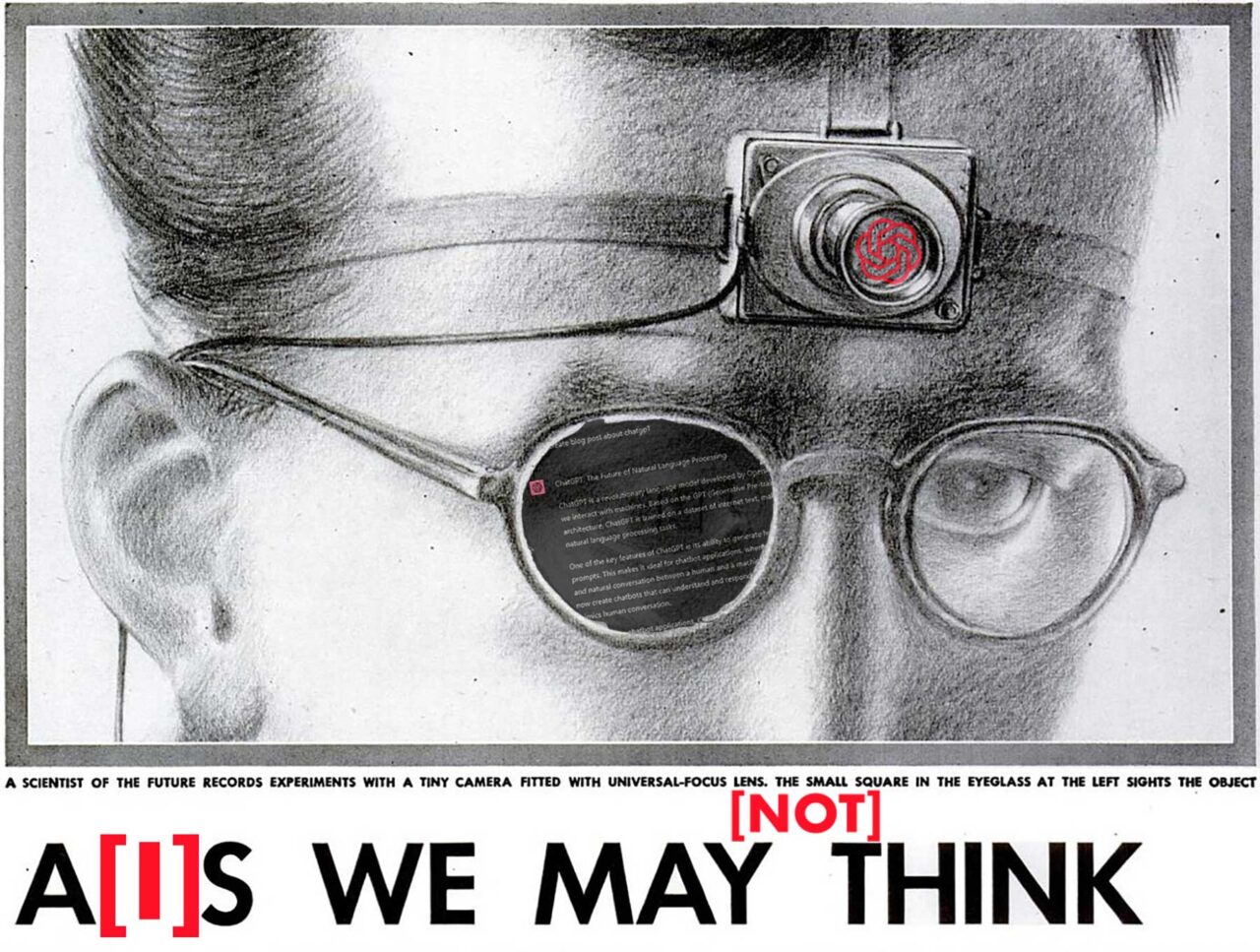 Vintage image of serious man with a camera strapped to head with OpenAI logo, a pair of eye glasses in one lens a superimposed outpur from Chat GPT, and the modified text from the original A[I]S We May Not Think