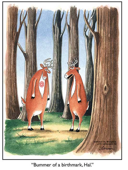 Cartoon of two deer standing in a forest, one with a red OPenAI logo on its chest. The caption reads Bummer of a Birthmark, Hal.