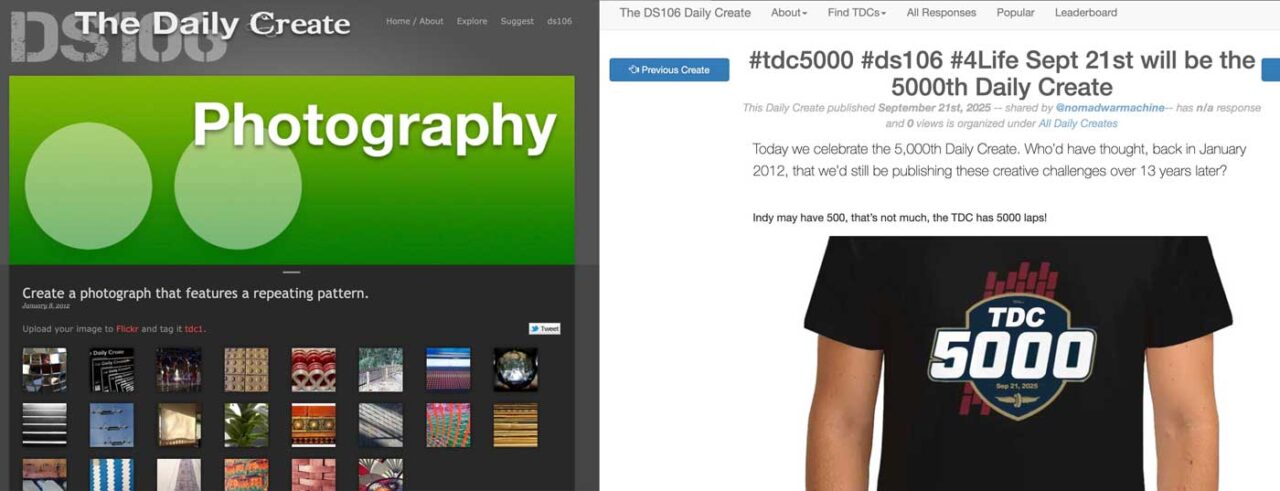 Screen shots comparing the first daily create from January 12, 2012, Create a photograph that features a repeating pattern to the 5000the one just yesterday, a a celebration of the milestone featuring a tshirt remixed to read the TDC 5000 like the Indy 5000
