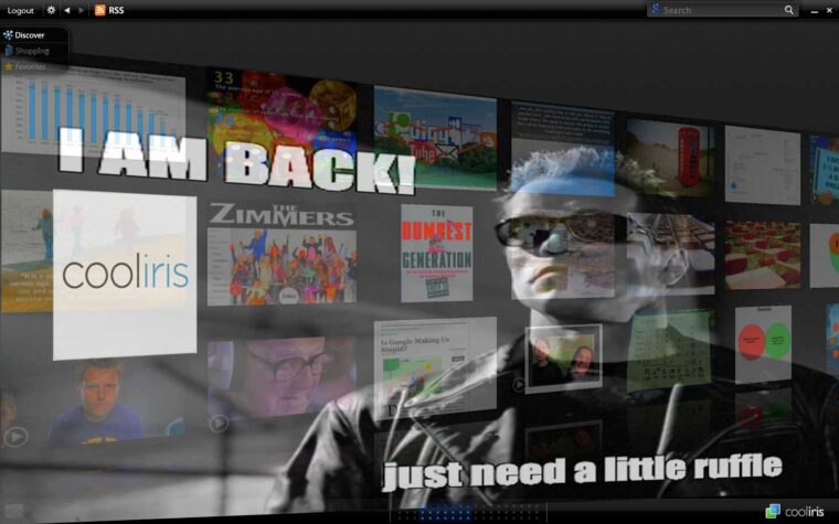 A figure of the Terminator 2 charactoer decliarinf I am back superimposed on a grid of media with the CoolIris logo.