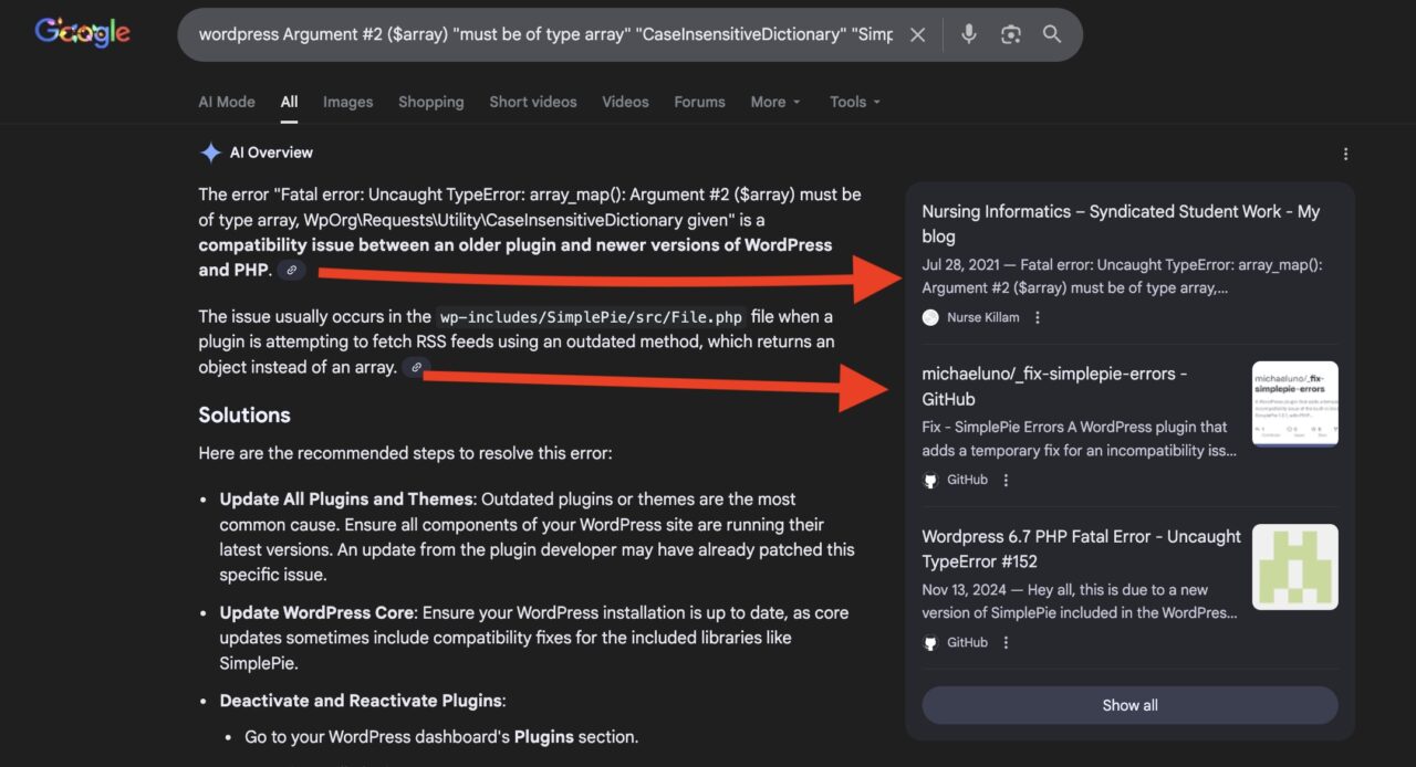 The error "Argument #2 ($array) must be of type array, WpOrg\Requests\Utility\CaseInsensitiveDictionary given" occurs in WordPress due to a type incompatibility between the older SimplePie library (used for RSS feeds) and the newer Requests library (used for HTTP requests), specifically in newer PHP versions.
The SimplePie\File->maybe_update_headers() function expects an array for its second argument, but it receives a WpOrg\Requests\Utility\CaseInsensitiveDictionary object from the Requests library, which PHP no longer automatically coerces into an array, causing a fatal TypeError