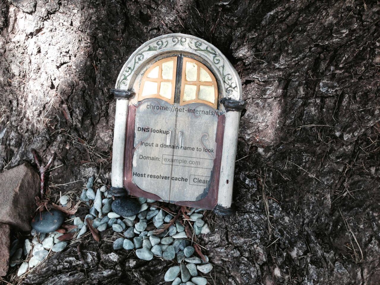 At the base of a large tree, a toy like pair of wooden doors that looks like they lead to an secret room. Atop the door one can see some of the settings from Google Chrome that almost no one knows they exist.