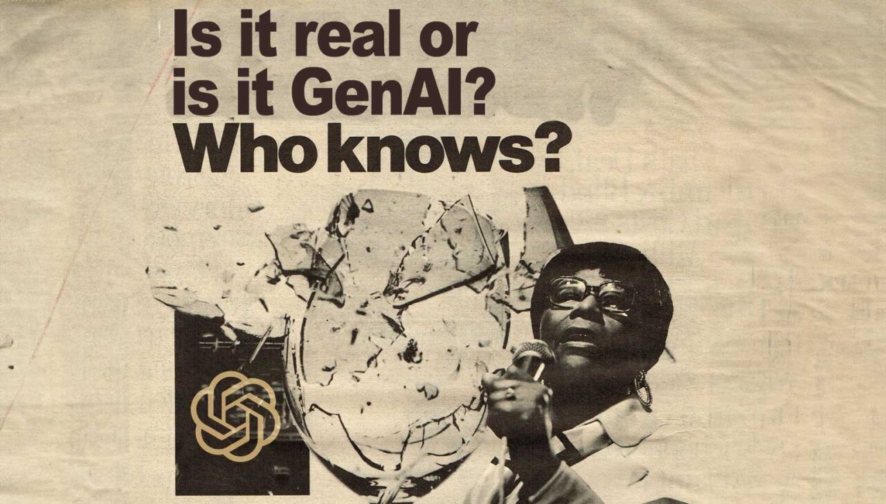 Yellowed newspaper add originally for memorex cassette tape, but remixed here to read Is it real or is it GenAI? atop an rendition of Ella Fitzgeraldn singlingm with the glass shattering. On the left is the OpenAI logo.