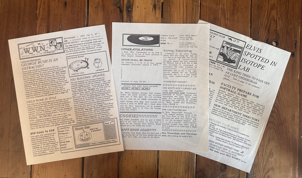 Three printed pages of a crudely designed fake newspaper with stories like George Bush is an Ostracad and Elvis Spotted in Isotope Lab.