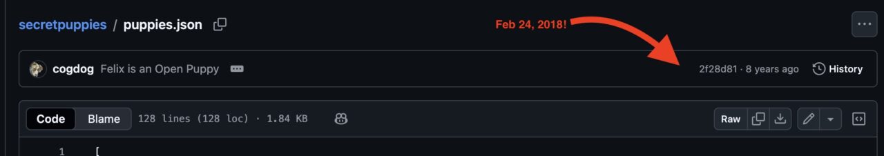 Github pull request indicating cogdog (me) put in a change titled Felix is an Open Puppy that was accepted 8 years ago. A red arrow is added to clarify that this was Feb 24, 2018.