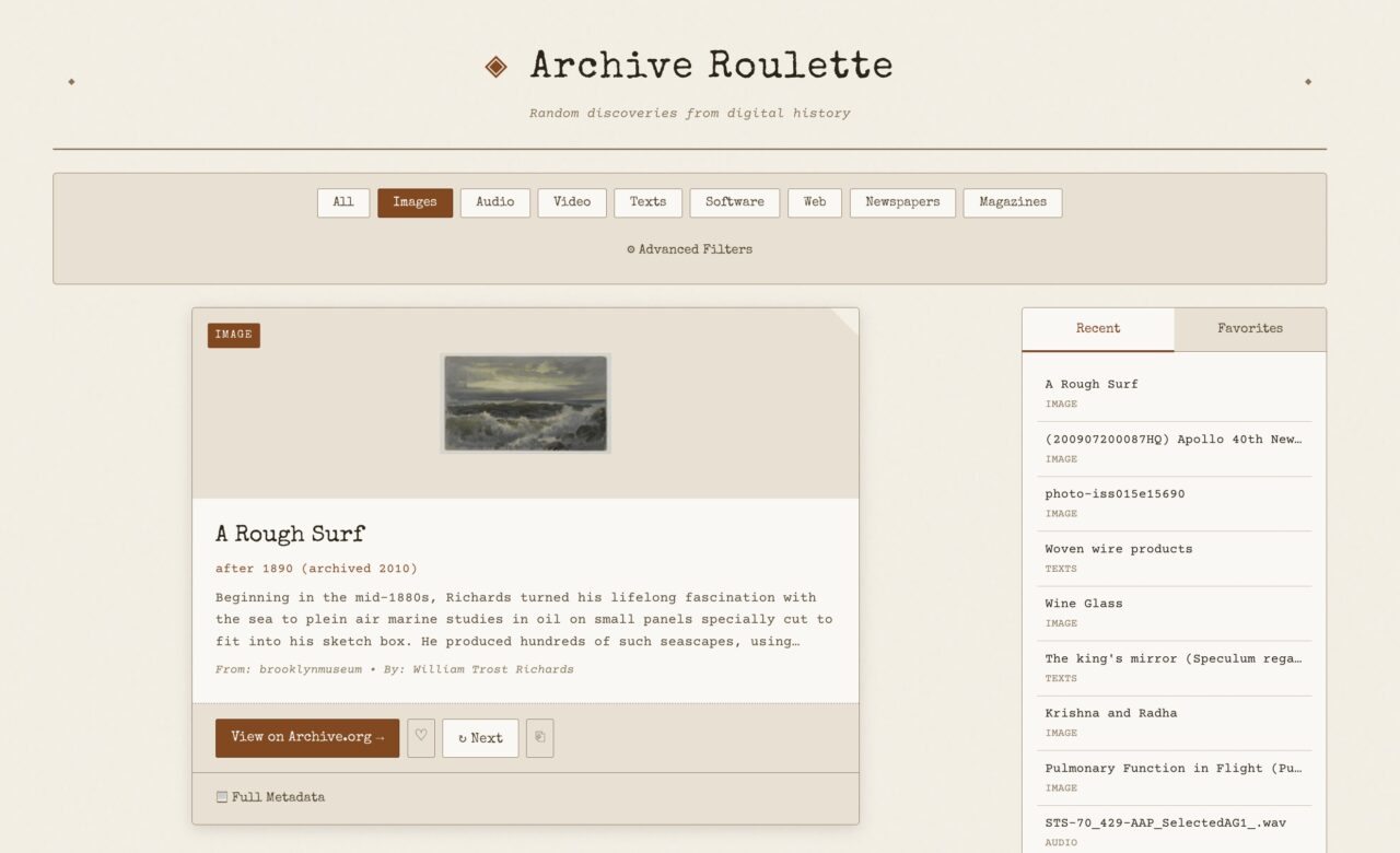 Archive roulette results screen with icon of a painting of waves and title - A rough surf.