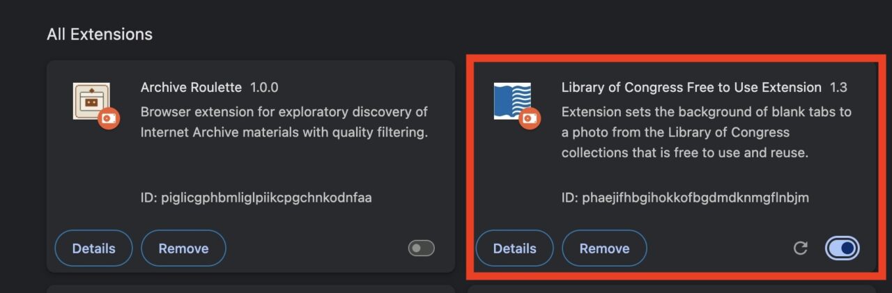 Chrome extensions including Archive Roulette (turned off) and Library of Congress Free To use turned on and also with a red box around it.