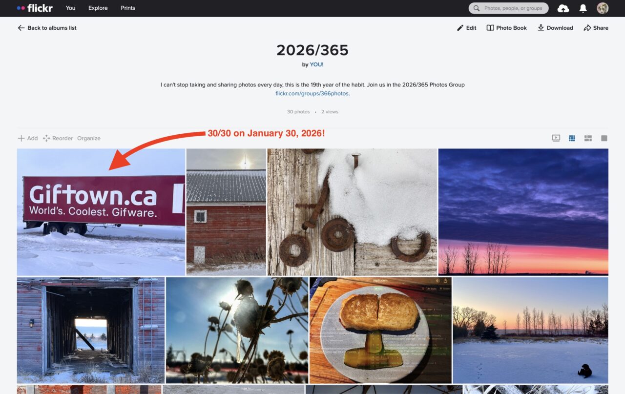 Flickr photo album for daily photos called 2026/365. Arrow points to most recent photo indicating joy at being 30/30 on January 30, 2026.