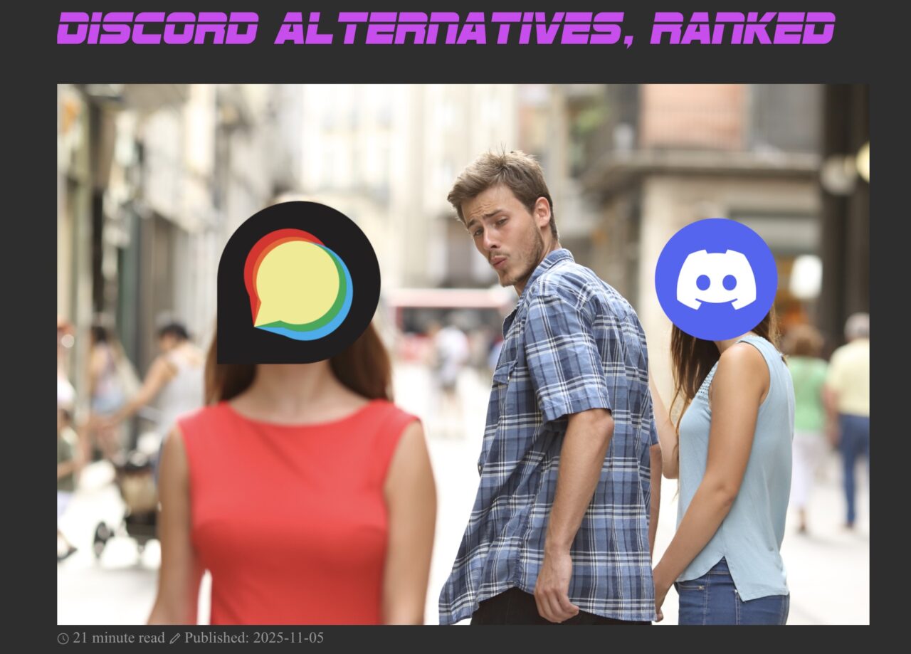 Headline in stylized video game style test Discord Alternatives Ranked above a version of the districted boy froend meme, where the guy is turned arounf to gawk at the woman walking forward with a Discourse logo on her face, while the angry ignored girlfriend on the right sports a Discord icon.