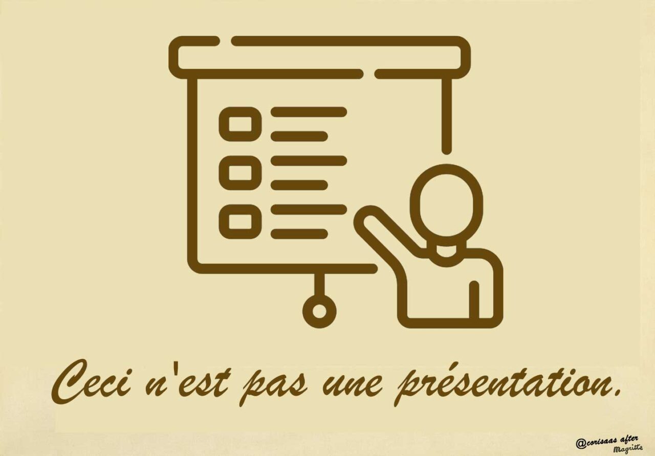 Icon if person gesturing to a slide with caption Ceci n'est pas use présentation.