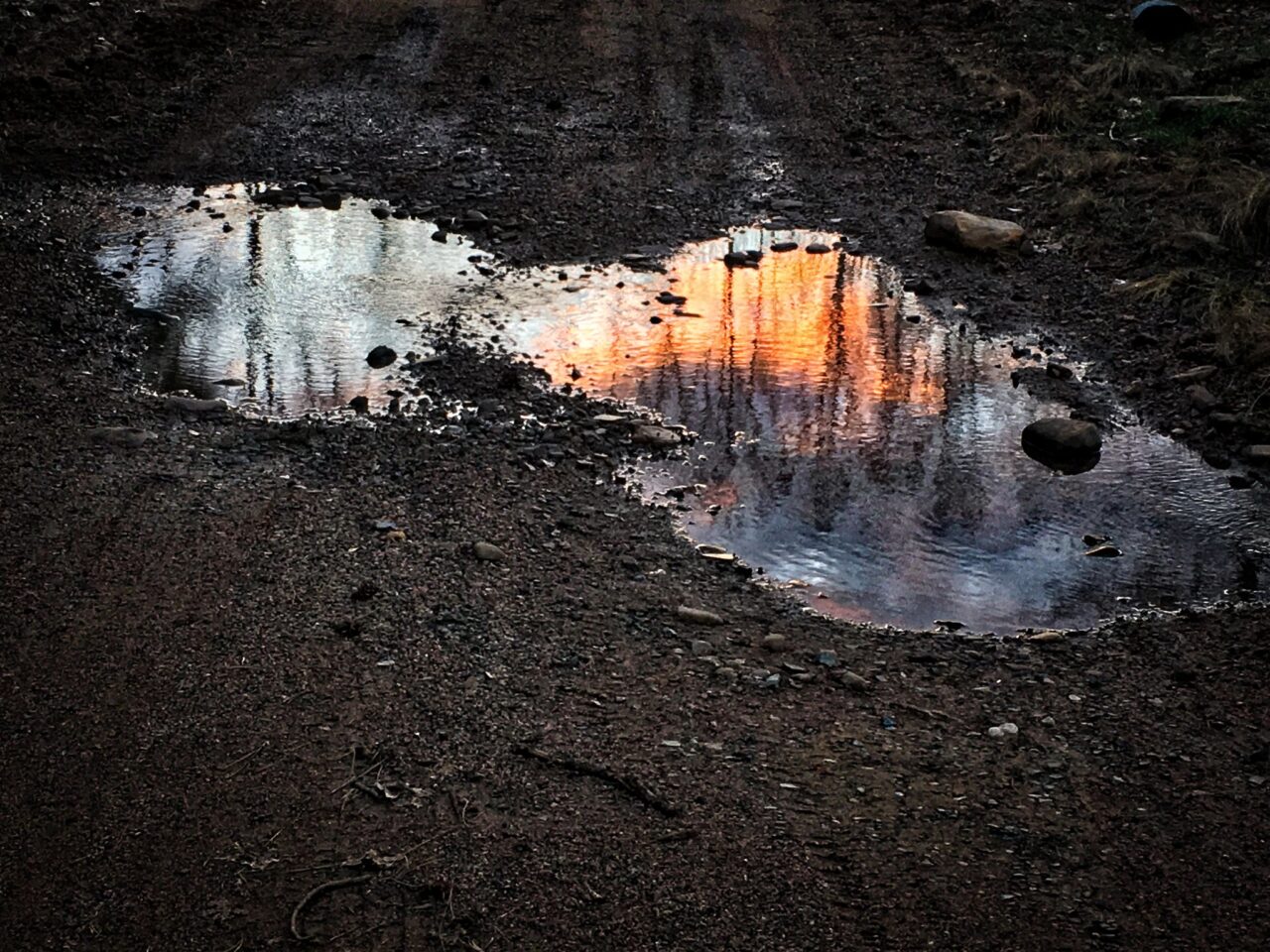 Twomrain puddles in a darkened gravel road, reflected in them are trees and a vivid sunset.