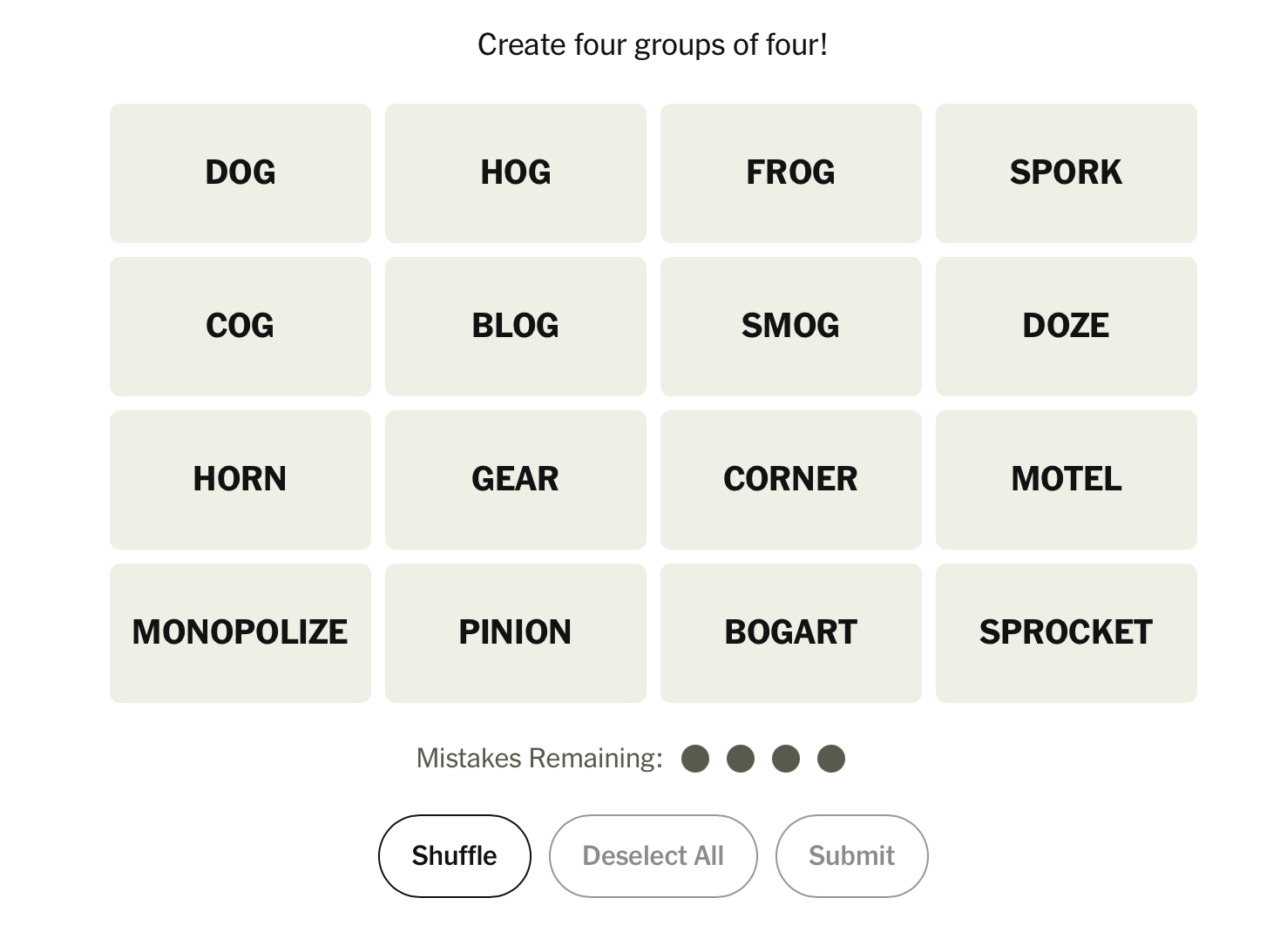 Connections game where words in the top left inclide Cog dog and blog