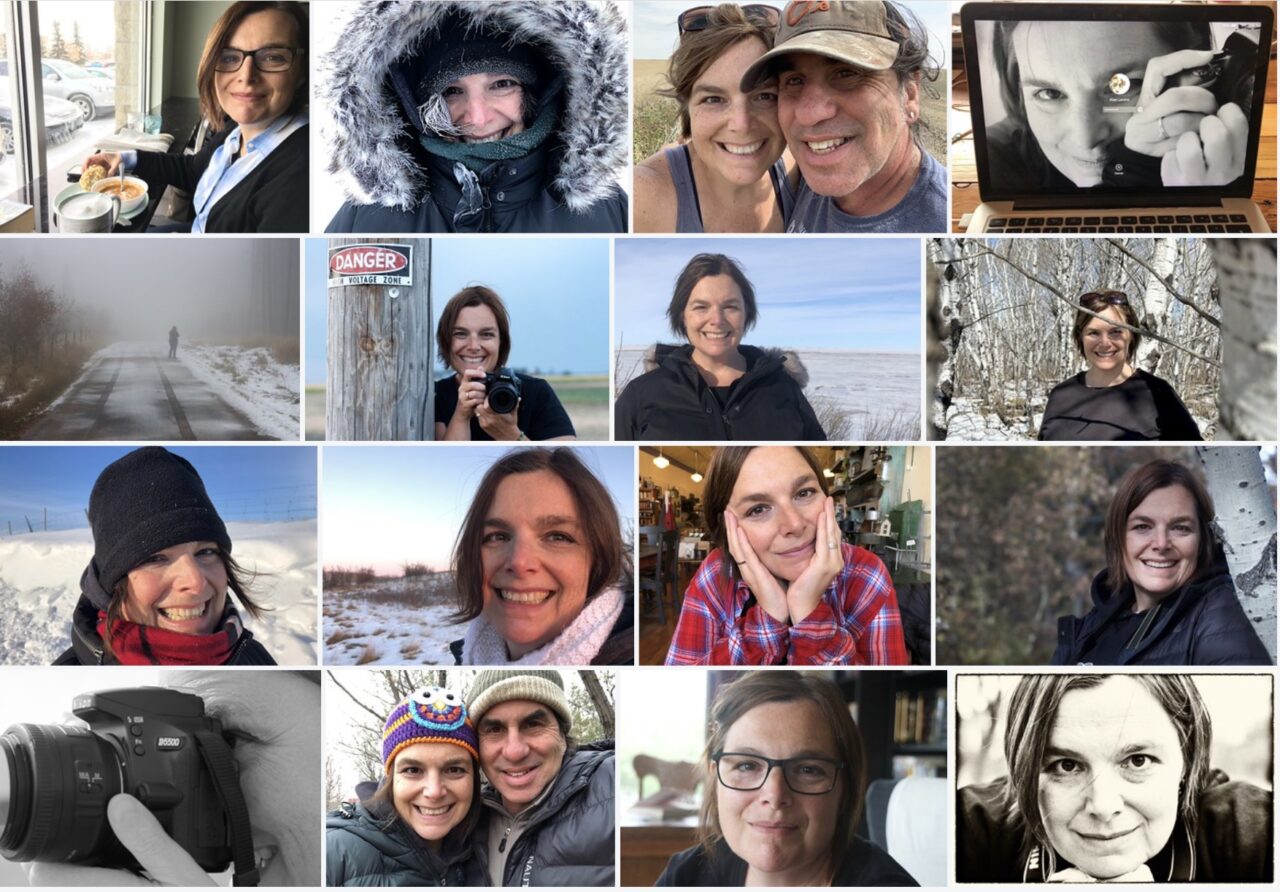 A grid of 16 photos of a very happy woman