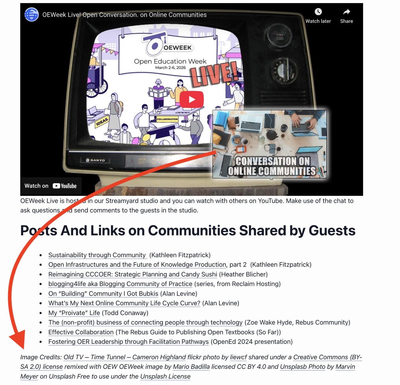EMbeded youtobe video with image of an old time TV set. INserted on the screen is a graphic style logo for Open Education Week. In the bottom right is a frame of a photo with many devices open in a table, with human hands entering on the sides.