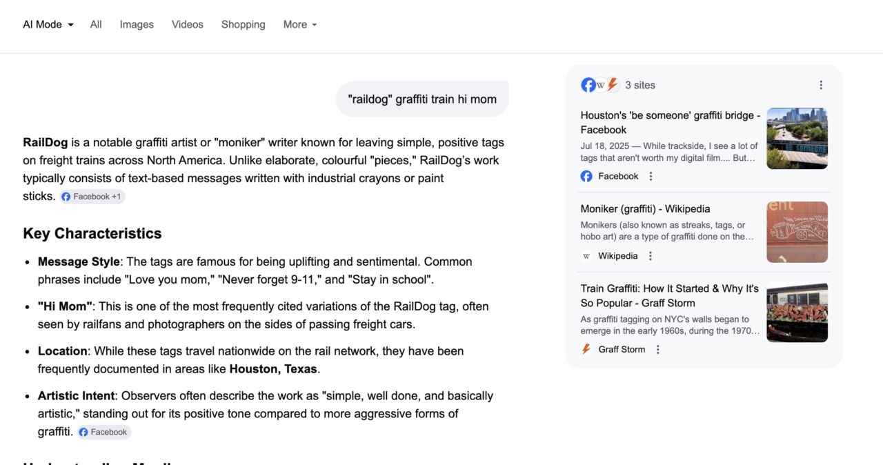 Google ai summary for search on raildog grafitti train hi mom-
RailDog is a notable graffiti artist or "moniker" writer known for leaving simple, positive tags on freight trains across North America. Unlike elaborate, colourful "pieces," RailDog’s work typically consists of text-based messages written with industrial crayons or paint sticks.
