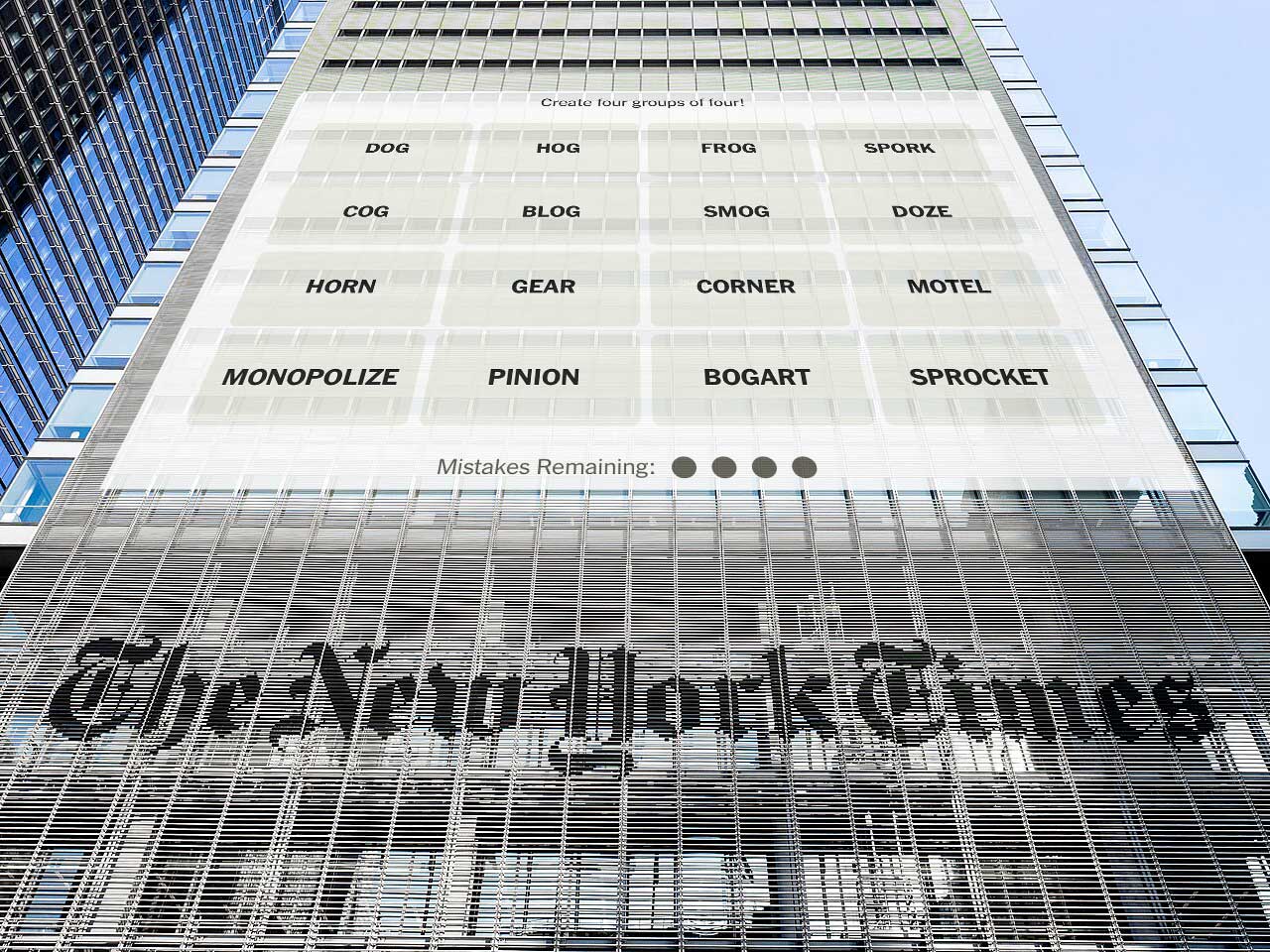 Office building of the New Your Times, superimposed with an image of a 4 word grid of words for a puzzle.