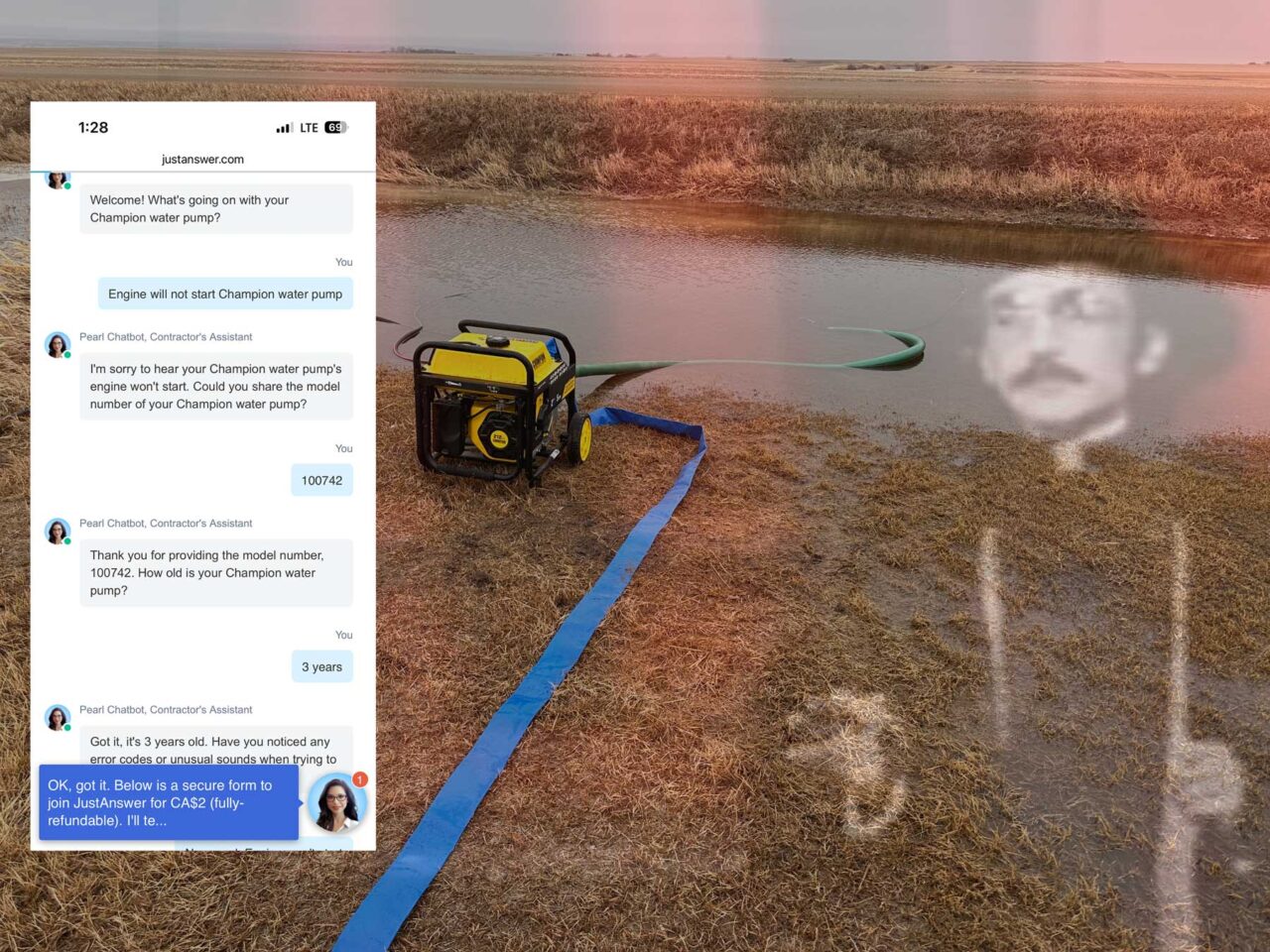 Screen of a chat conversation with a Just Anser chatbot atop a photo of a water pump next to a pool of water, and a overlay faintly of a priest figure gesturing with his hands.