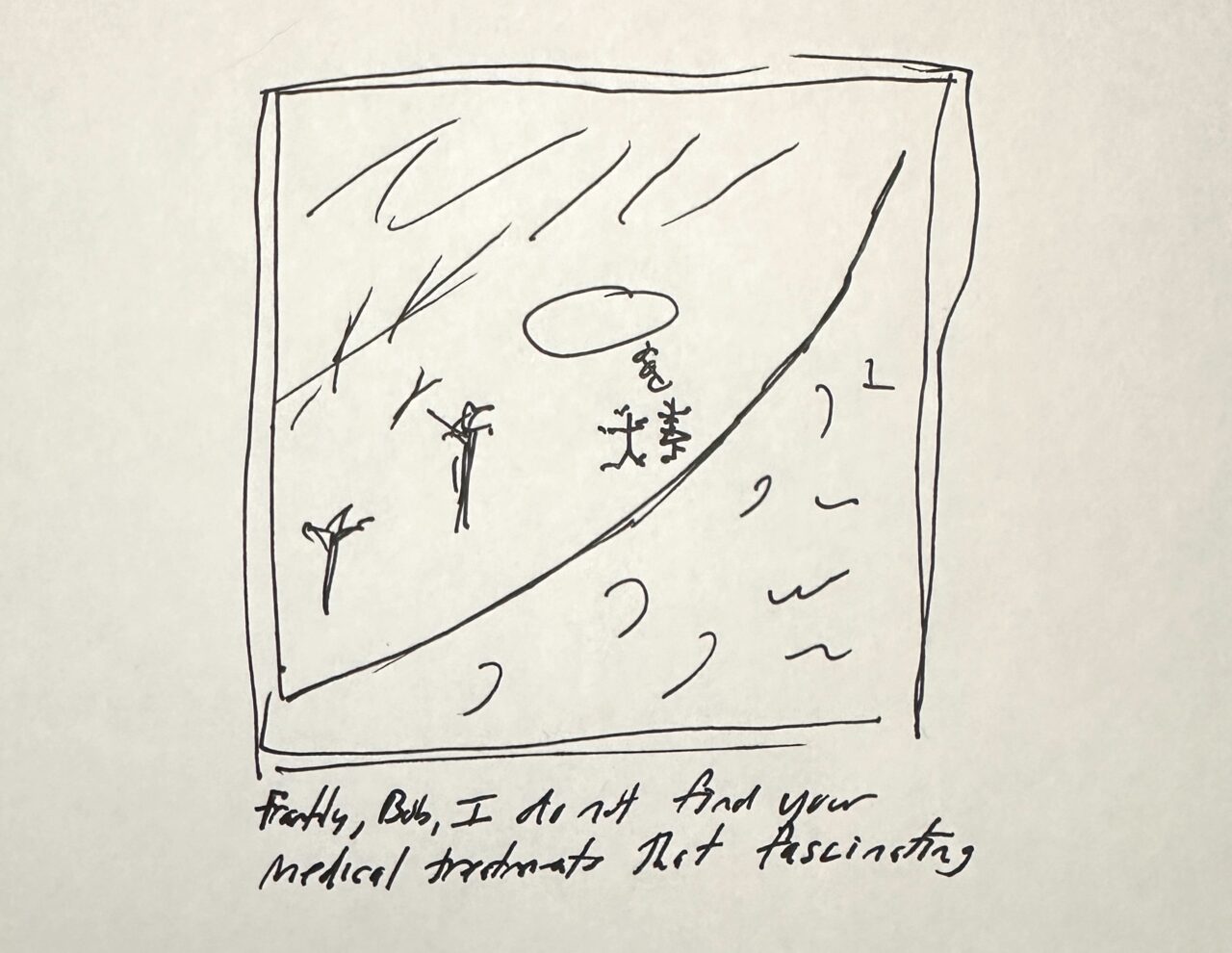 A quick drawn rendition of a comic of two people walking on the beach.