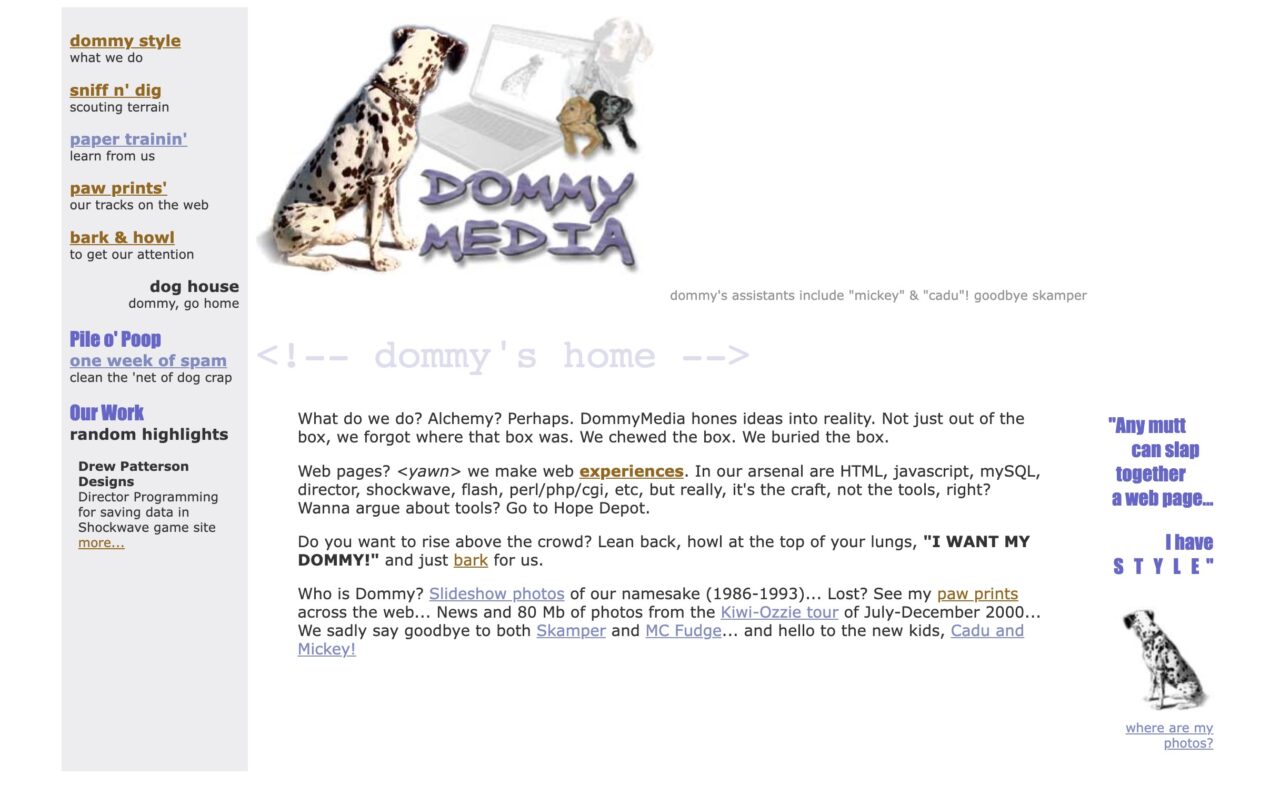 1990s style web site with links on left for dommy media, a logo of a dalmation dog staring at a screen, and intro text