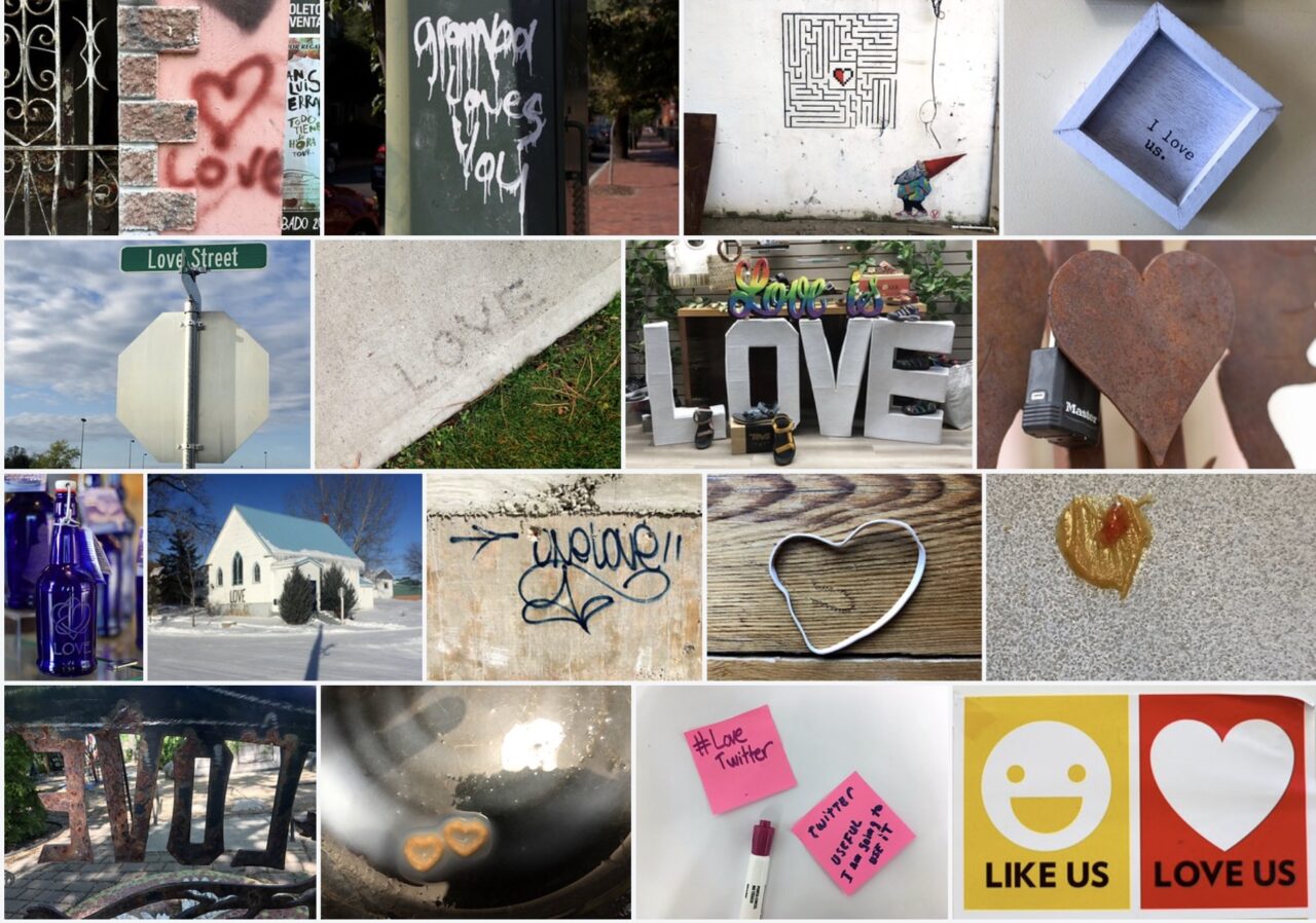 Grid of 20 various flickr photos with representations of the word or idea of love.