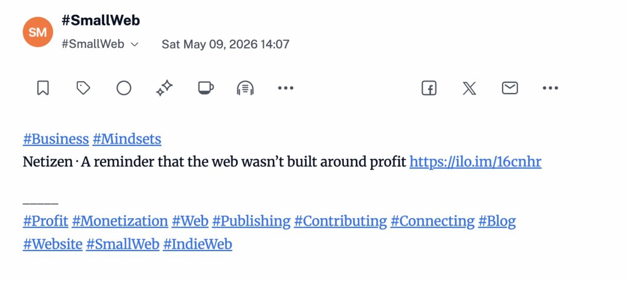 #Business #Mindsets
Netizen · A reminder that the web wasn’t built around profit https://ilo.im/16cnhr

_____
#Profit #Monetization #Web #Publishing #Contributing #Connecting #Blog #Website #SmallWeb #IndieWeb