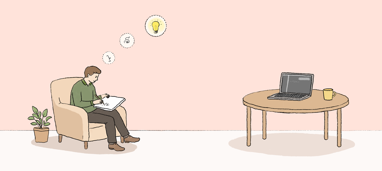A person sits in an armchair and writes in a notebook, with speech bubbles showing indefinite strokes and then a lightbulb. Nearby, a table with a laptop showing an LLM chatbot interface and a cup.