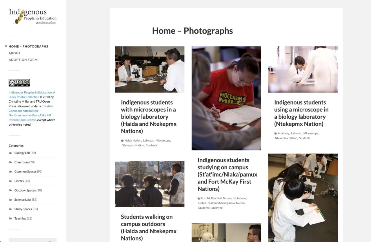 Web site for photos of Indigenous people in Education, a grid of the first six photos each with title describing and naming the people represented, all linked to more detail. On the left the typical web navigation.