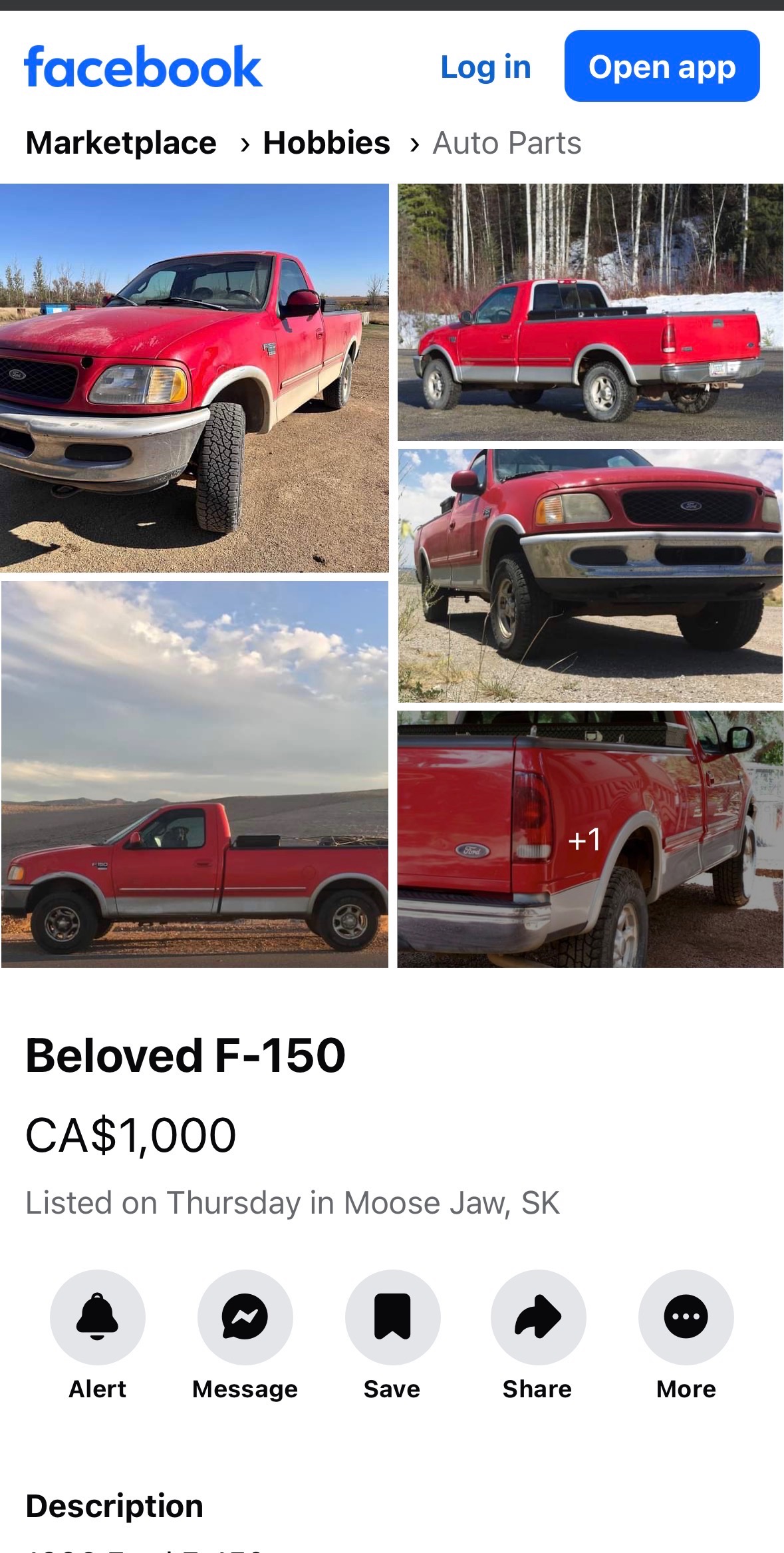 Facebook listing of red pickup truck for sale, several photos of the handsome red vehicle.