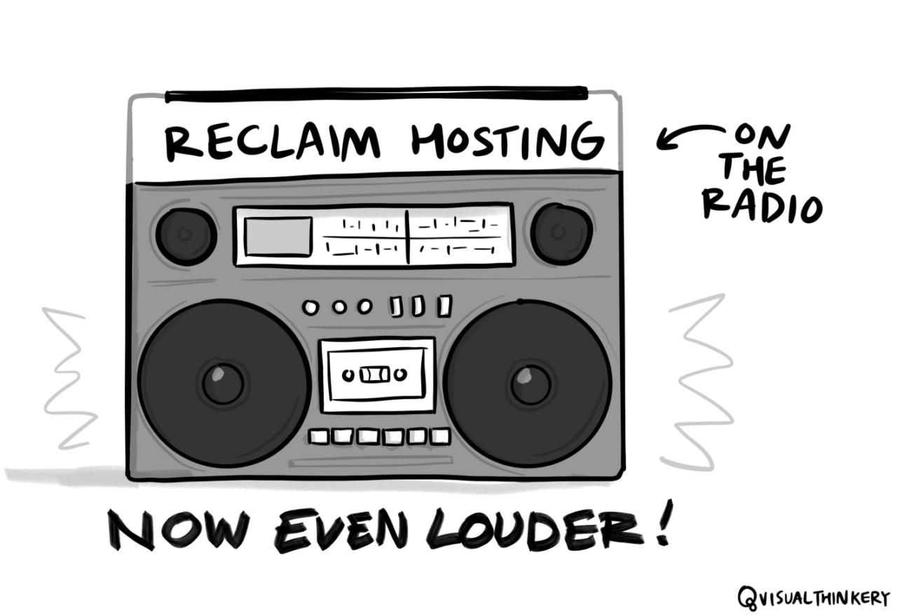 Sketch of old style boombox labeled Recaim Hosting. An arrow on the sign points to it reading On the Radio.