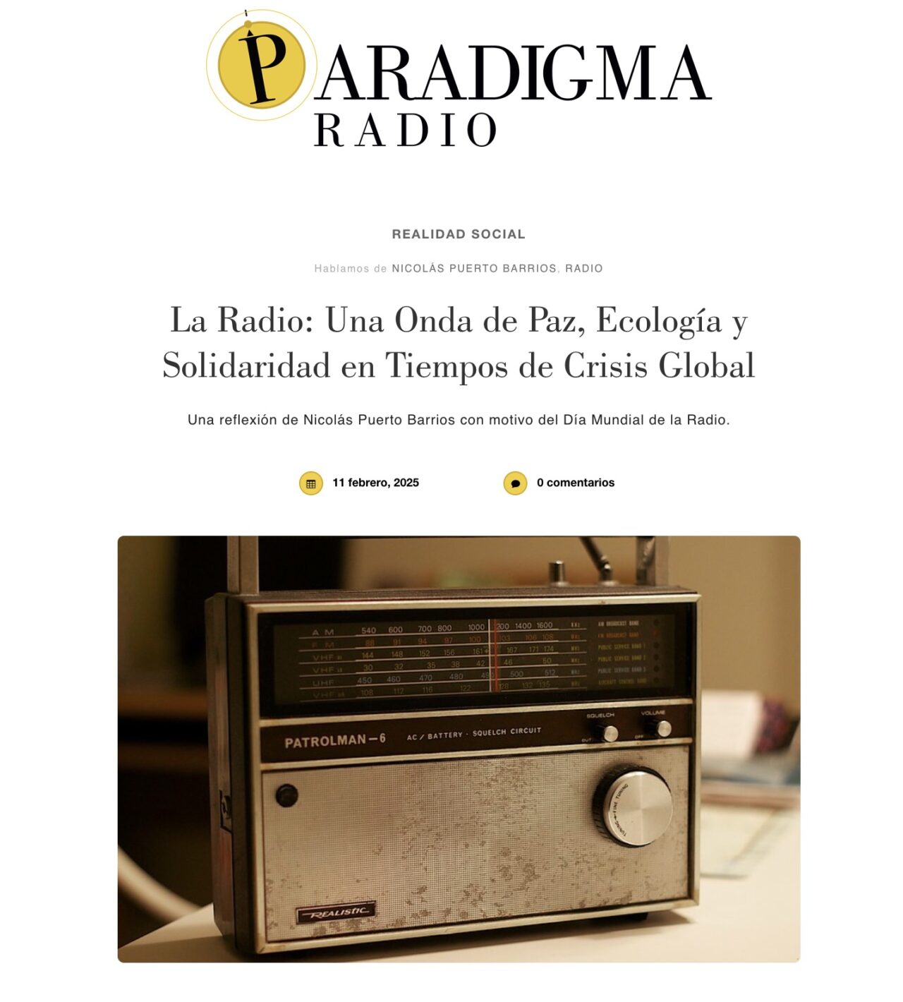 Paradigma Radio headline La Radio: Una Onda de Paz, Ecología y Solidaridad en Tiempos de Crisis Global with a photo of my Dad's old radio.