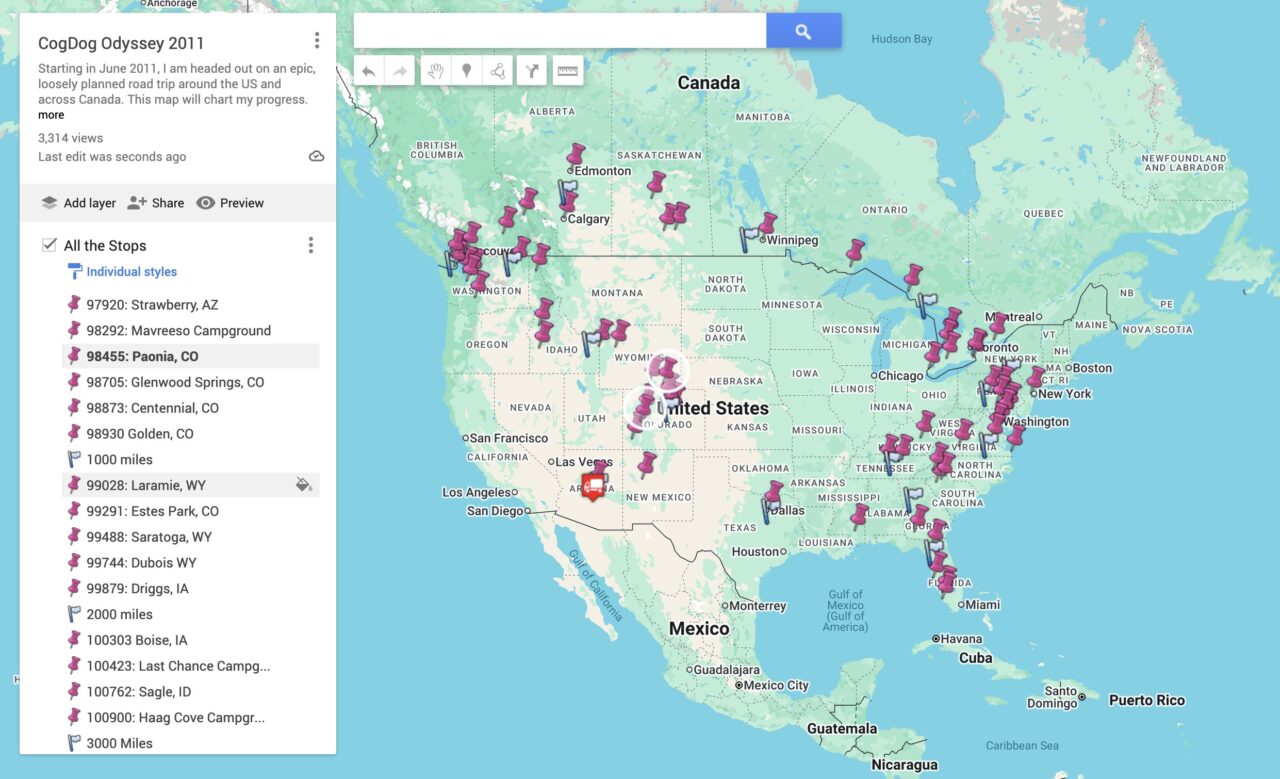 Map of USA and Canada with a ring of thumbtacks representing stops, all listed on the left with the mileage for each one as part of the map label.
