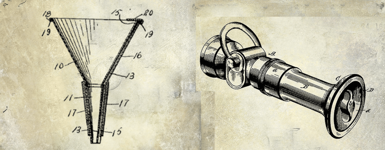 Sketch drawings on the left of a funnel and on the right a hose sprayer, each with numbers and lines pointing to parts of each.