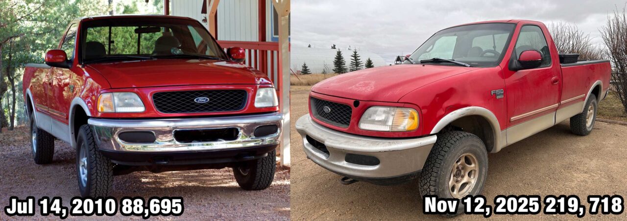 Pair of photos of the same red pickup truck, on the left dated Jul 10, 2010 its odometer reading 88695, and looking very shiny new. On the right, older, a hole in front grille, and a date of Nov 12, 2025, odometer reading 219,718.