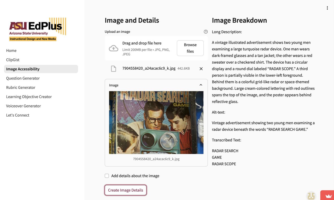 Screenshot of an ASU EdPlus image-accessibility page showing a vintage “Radar Search Game” advertisement preview and generated image description.