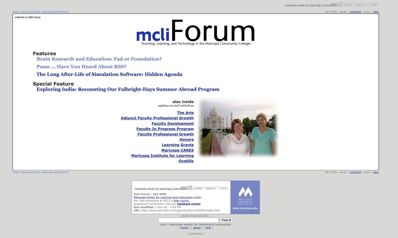 Cover of web version of Fall 2003 mcli Forum- Teaching, Leearning, and Technology at the Maricopa Community Colleges, with links to feature articles on Brain Researchm TSS, Faculty abroad programs.