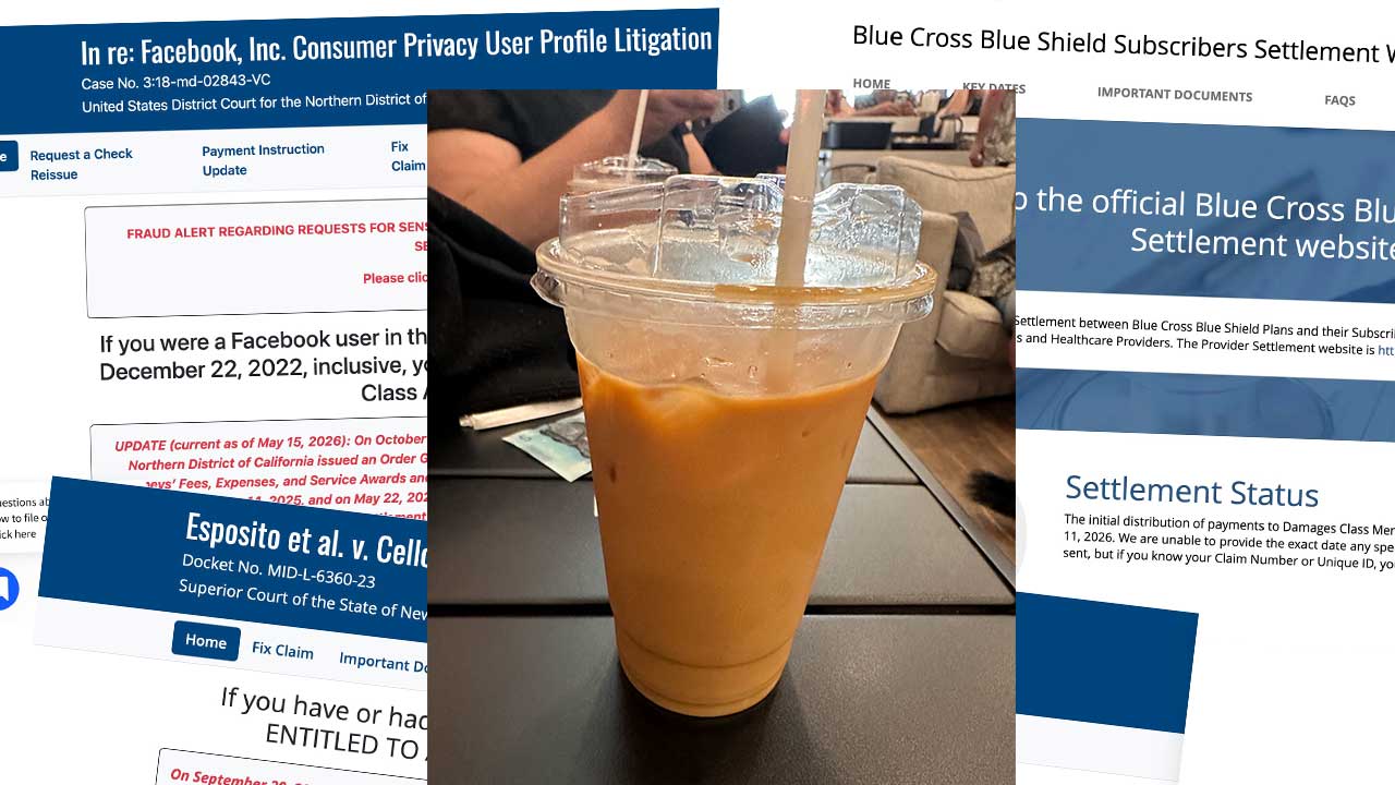 Photo of a cup of iced coffee atop overlapping images of three class action settlement web sites.