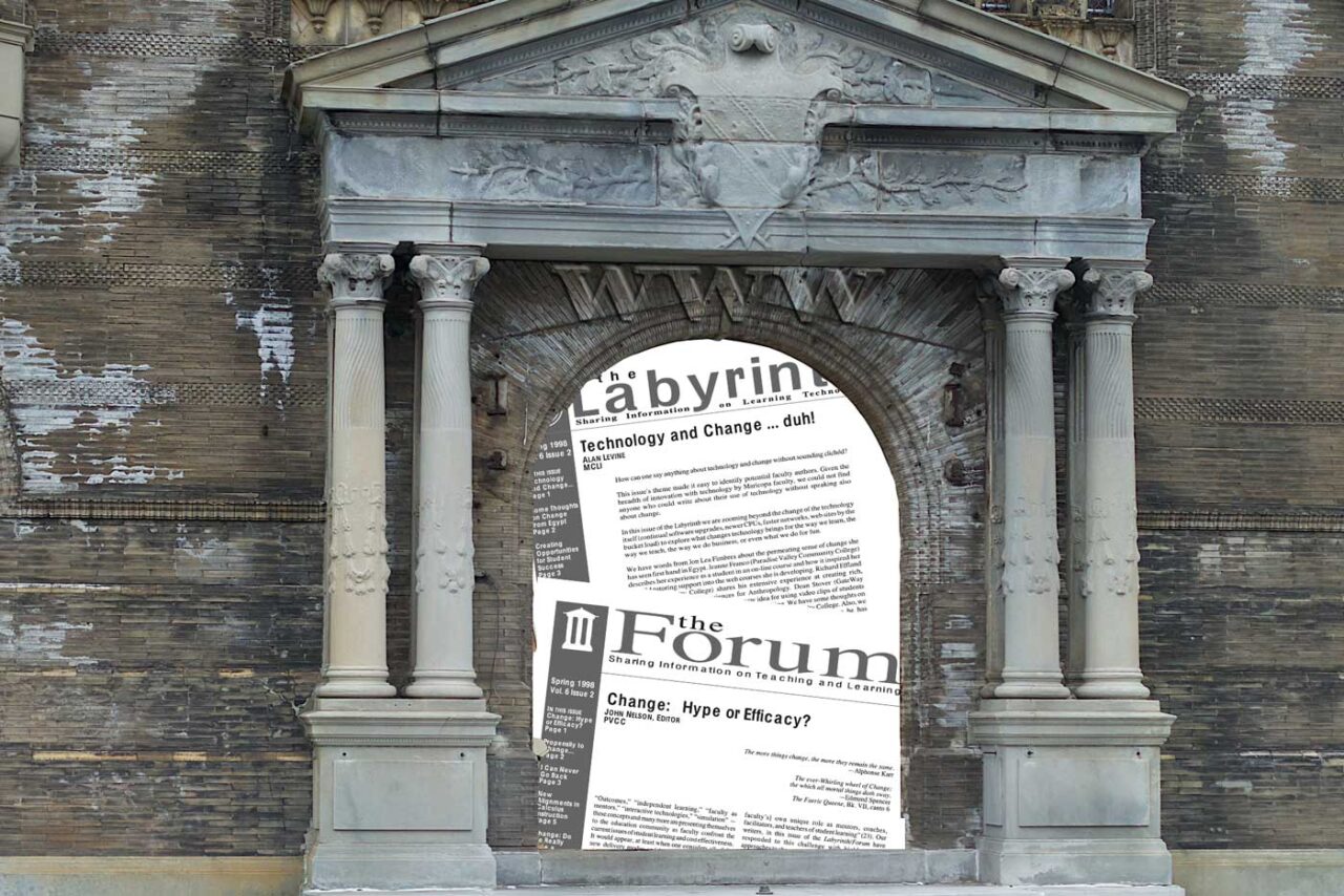 Through an old stone building with a alrge enrey way frames with greek style columns, are the screenshots of The Labyrinth and the Forum early web pages.,