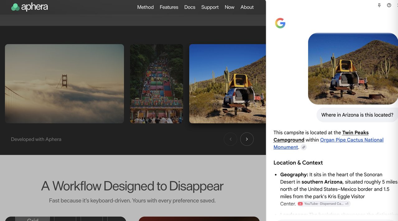 AI query for where the photo of a camper in the desert is located. It tells me This campsite is located at the Twin Peaks Campground within Organ Pipe Cactus National Monument.