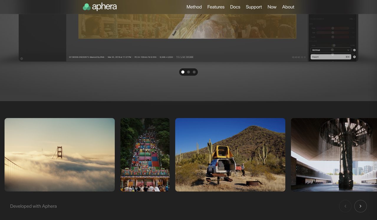 Seres of example photos on the aphera web site, the Golden Gate bridge above vlouds, some kind of Asian temple, then a camper van out in the Arizona desert with a hill behind.