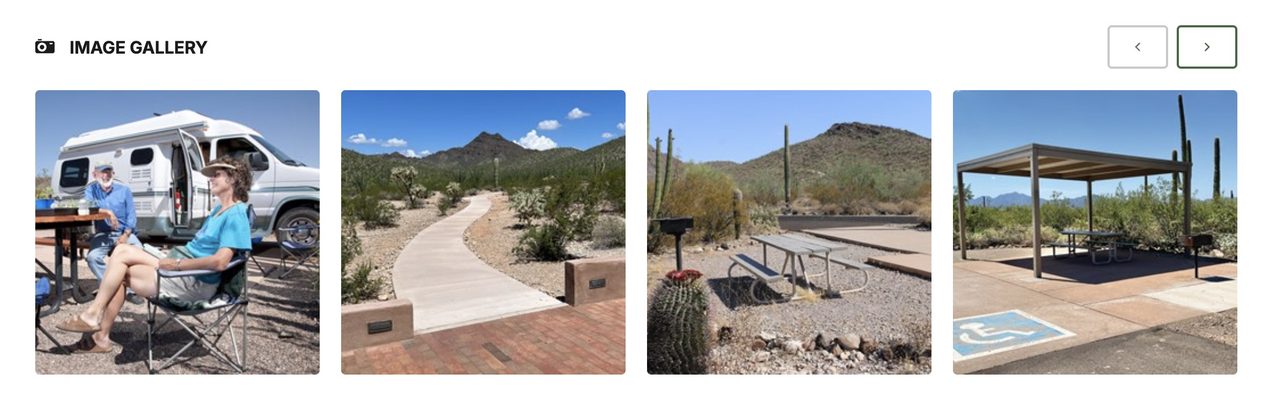 4 photos from a campgrpound- a couple in front of a camper, a curved path leading off to the desert, a camp spot in front of a desert mountains, and a camp spot with a coverec camp table.