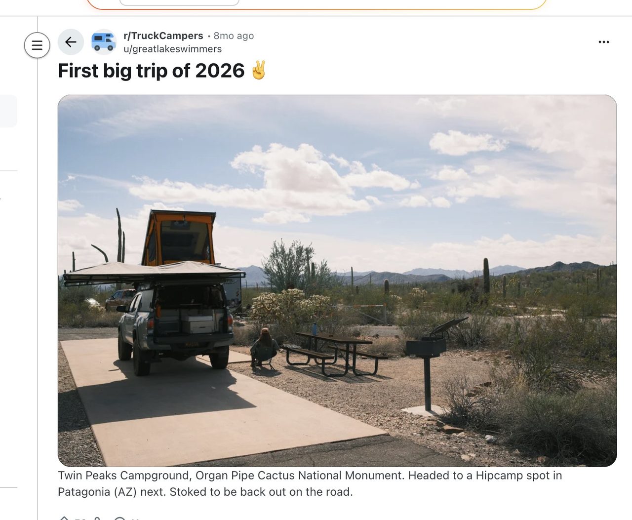 First big trip pf 2026, a desert camp spot with a parked vehicle and a rooftop camper.