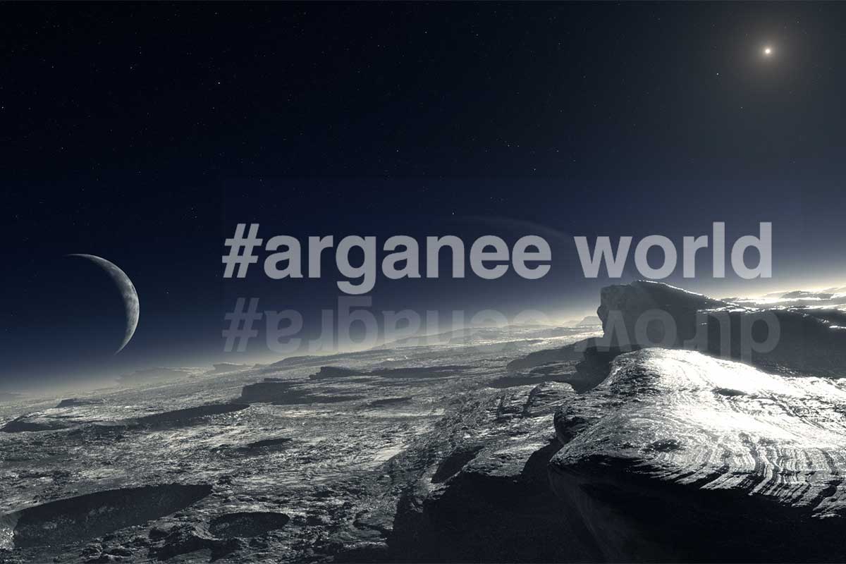 #arganee world text reflected as if in water superimposed in a barren planet surface looking out into space.