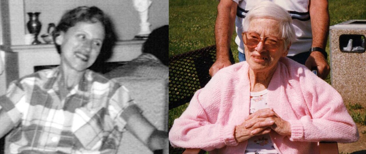 Pair of photos, on left is middle aged woman glancing to the right, and on the right side is same woman, 46 years later.