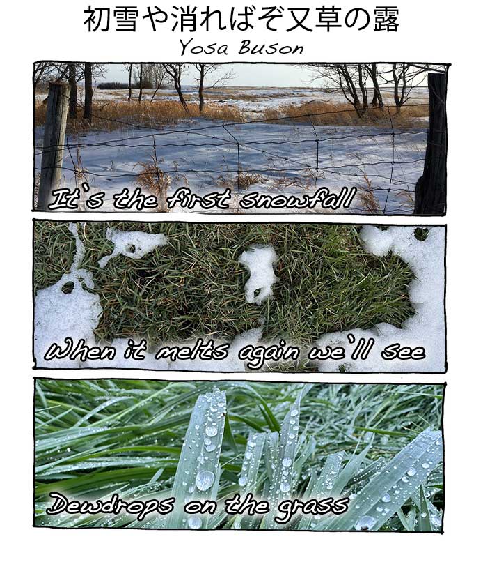 Haiku illustrated with three photos. 1- snow in a field under trees. 2- snow melted with grass showing. 3- water droplets on grass.